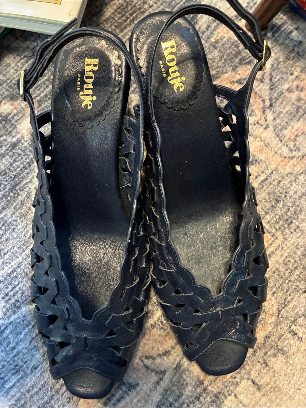 Rouje Black Woven Peep-Toe Slingback Sandals